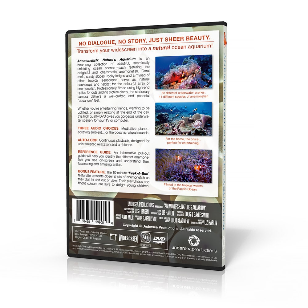 Anemonefish: Nature's Aquarium DVD. Beautiful ocean scenery for relaxation and ambience, featuring the delightful and charismatic clownfish. Transform your widescreen into a natural ocean aquarium.